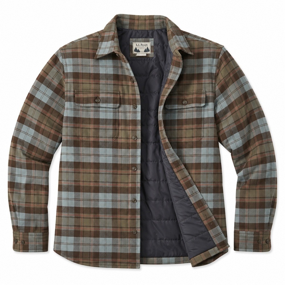 LL Bean Flannel Shirt Jacket Mens L Blue Brown Plaid Quilted Insulated Lined
